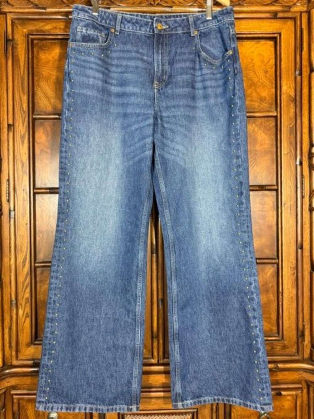 H&M Divided Gold Studded 100% Cotton Wide Leg High Waist Dark Mid Wash Jean